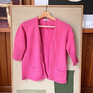 Vintage pink knit sweater cardigan with 3/4 gathered sleeves